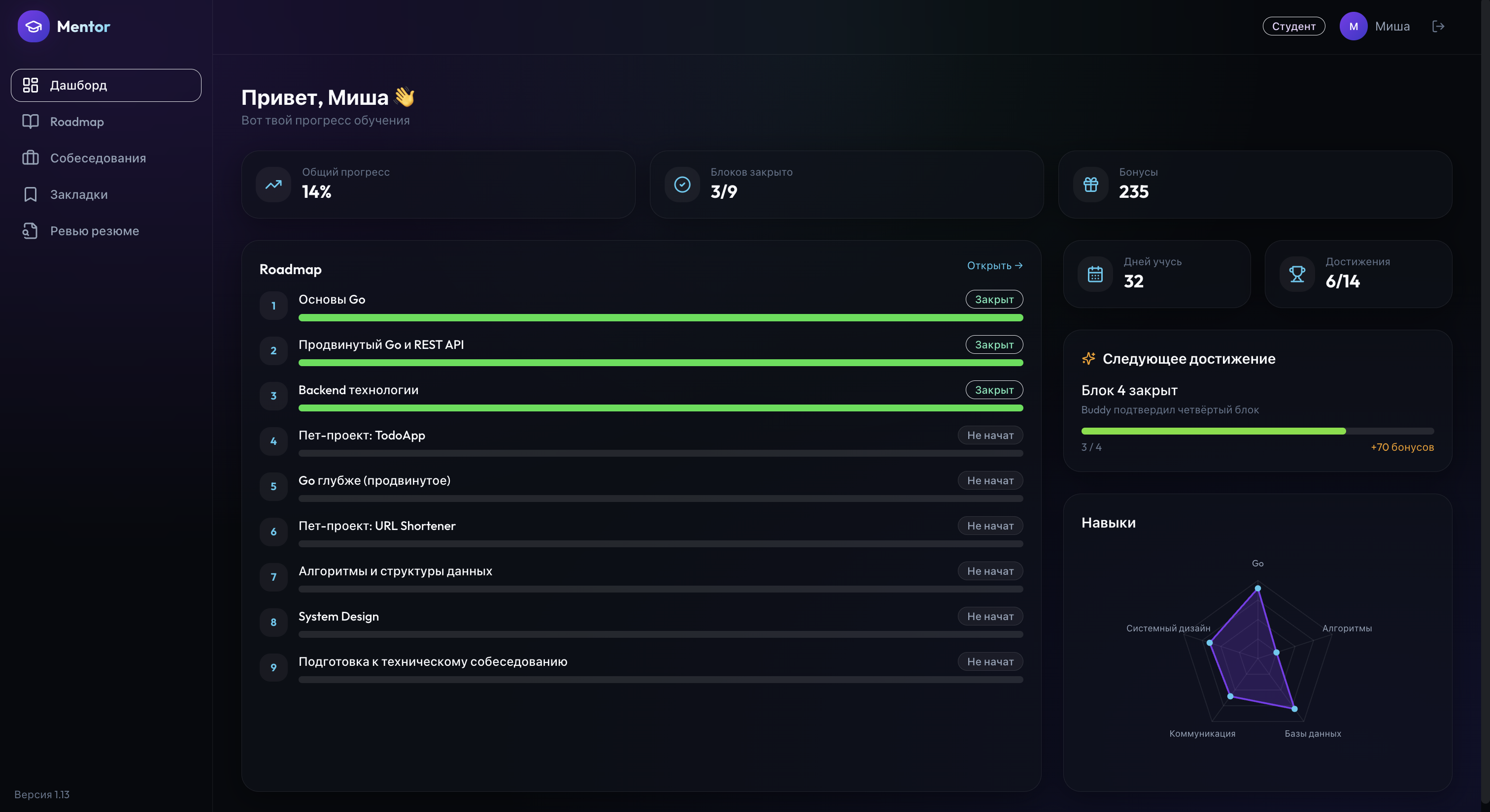Личный кабинет платформы: roadmap, прогресс, навыки